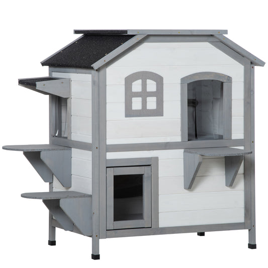 2-story Cat House Outdoor Weatherproof Wooden Cat Enclosure for Feral Cats with Escape Door Openable Roof Jumping Platforms White