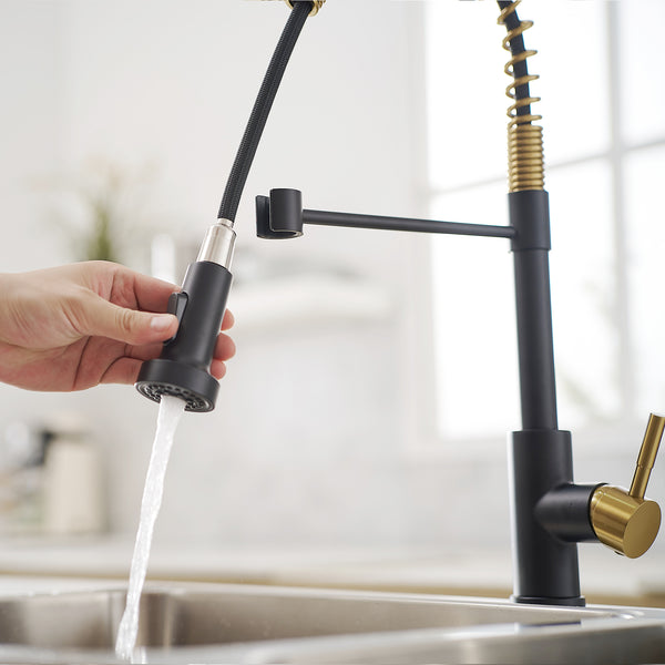 Stainless Steel Single Handle Pull Down Sprayer Kitchen Faucet with Water Supply Hoses in Matte Black with Brushed Gold