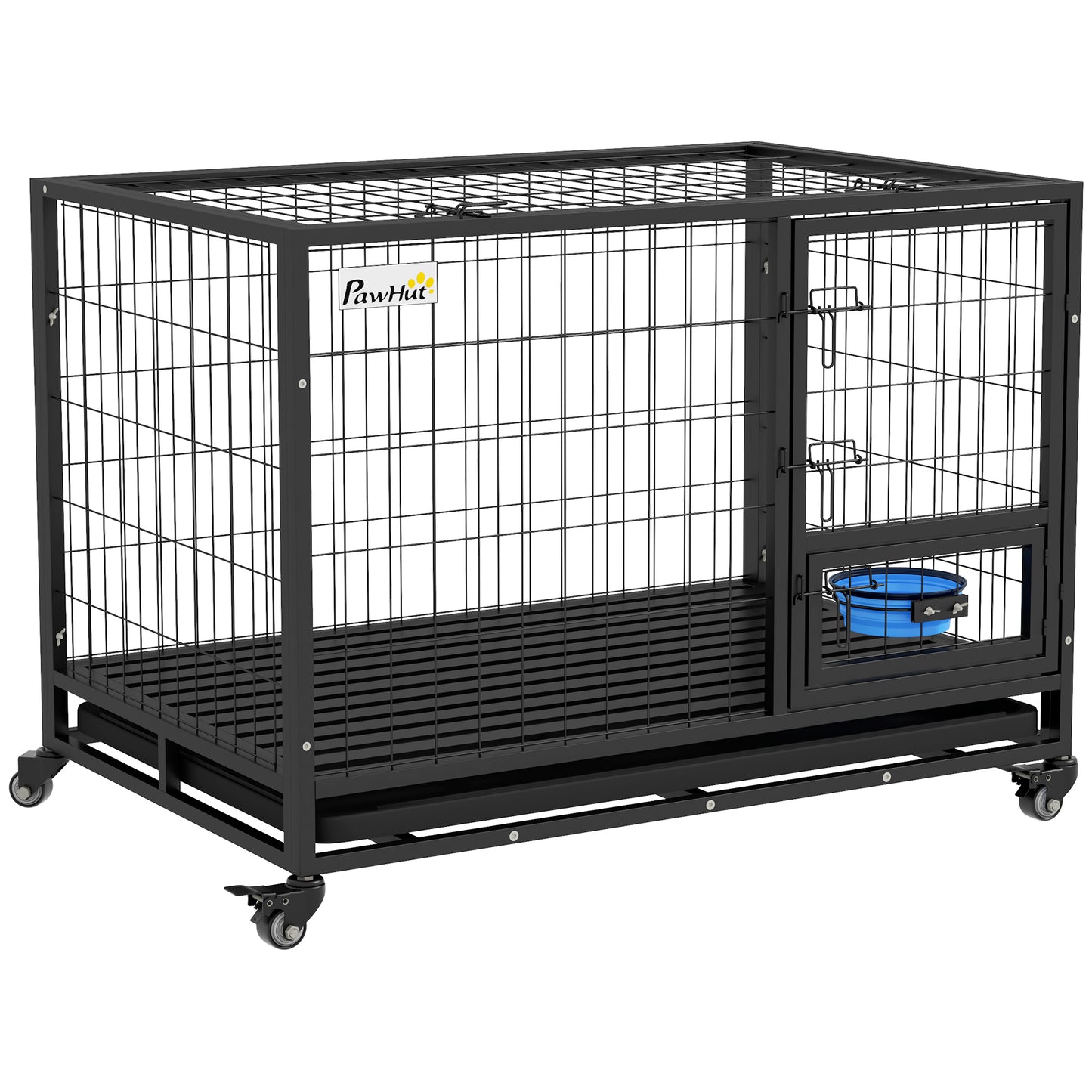 43inches Heavy Duty Dog Crate with Bowl Holder Strong Steel Dog Crate with Wheels Detachable Door Openable Top and Removable Tray for Large and Extra Large Dogs Black