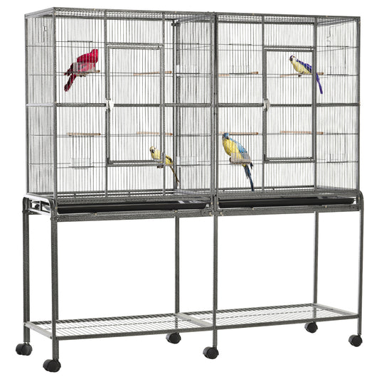 65inches Double Rolling Metal Bird Cage Feeder with Detachable Rolling Stand, Storage Shelf, Wood Perch & Food Container