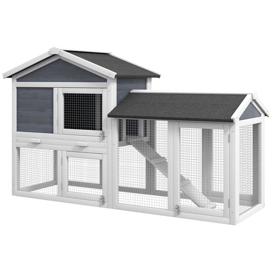 58inches Rabbit Hutch, Wooden Bunny Hutch, Guinea Pig Cage, Small Animal Enclosure with Run Area, Removable Tray, Asphalt Roof, Lockable Doors and Ramp, Gray