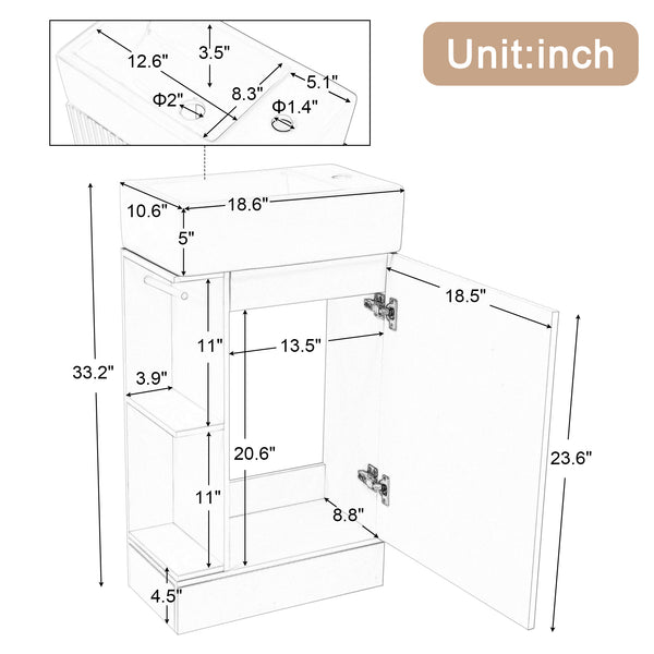 18.6" Bathroom Vanity with Sink, Bathroom Vanity Cabinet with Two-tier Shelf, Left or Right Orientation, White