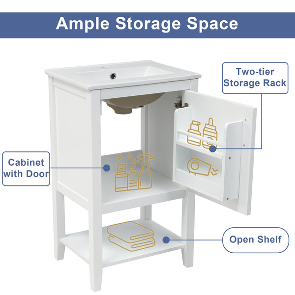 20" Bathroom Vanity with Sink, Bathroom Cabinet with Soft Closing Door, Storage Rack and Open Shelf, Grey/White