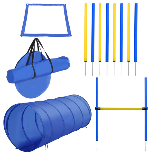 4PC Obstacle Dog Agility Training Course with Jump Hurdle Tunnel Pause Box Weave Poles and Carrying Bag Backyard Competitive Equipment- Blue/Yellow