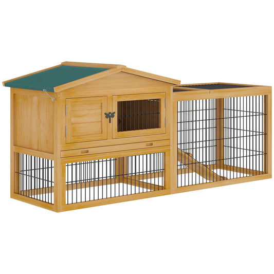 2 Levels Outdoor Rabbit Hutch with Openable Top 59inches Wooden Large Rabbit Cage with Run Weatherproof Roof Removable Tray Ramp Yellow