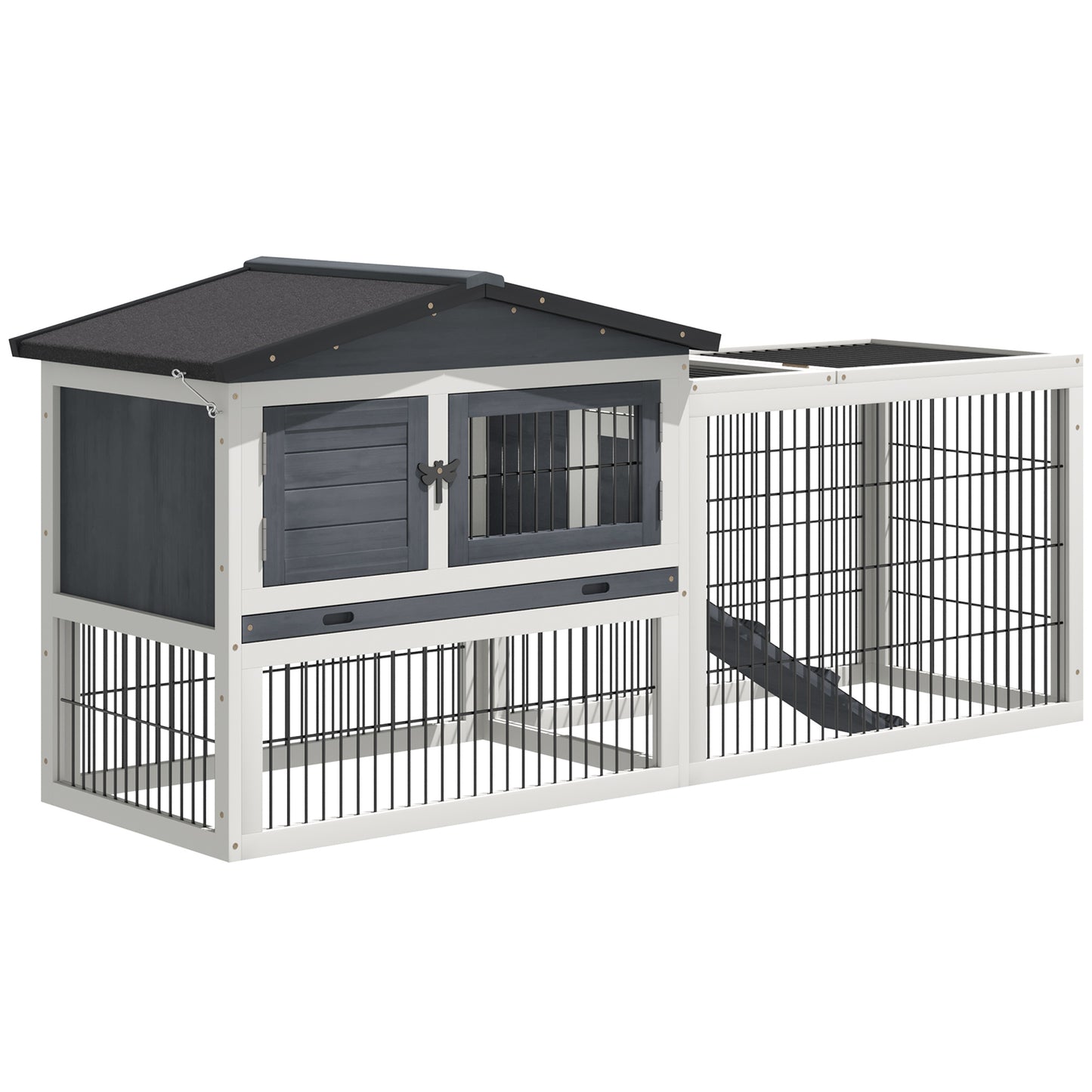 2 Levels Outdoor Rabbit Hutch with Openable Top 59inches Wooden Large Rabbit Cage with Run Weatherproof Roof Removable Tray Ramp Pewter Gray