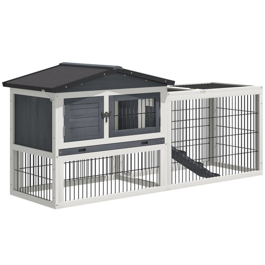 2 Levels Outdoor Rabbit Hutch with Openable Top 59inches Wooden Large Rabbit Cage with Run Weatherproof Roof Removable Tray Ramp Pewter Gray