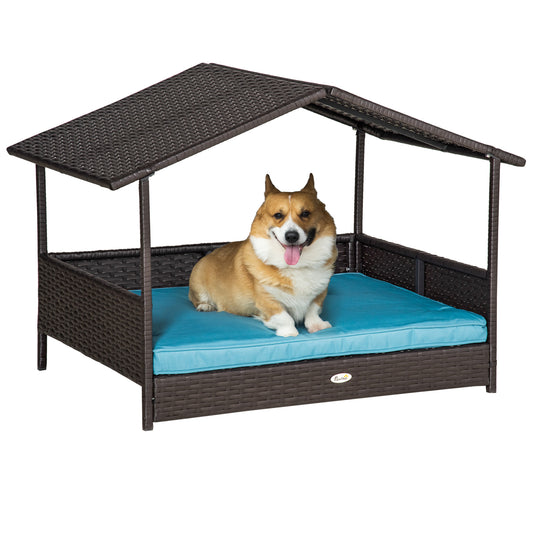 Wicker Dog House Elevated Raised Rattan Bed for Indoor/Outdoor with Removable Cushion Lounge Blue