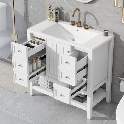 36 in. W Three Drawers Freestanding Black Bath Vanity with White Ceramic Top Unassembled