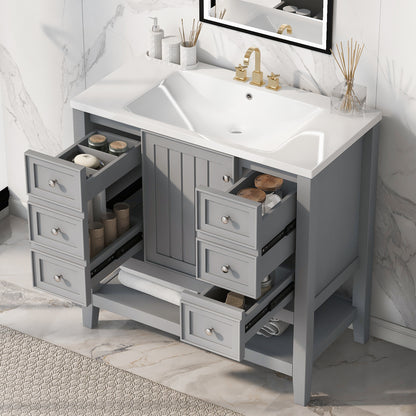 36 in. W Three Drawers Freestanding Black Bath Vanity with White Ceramic Top Unassembled