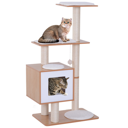 47¡± Modern Cat Tree Multi-Level Scratching Post With Cube Cave Enclosure - Oak Wood and White