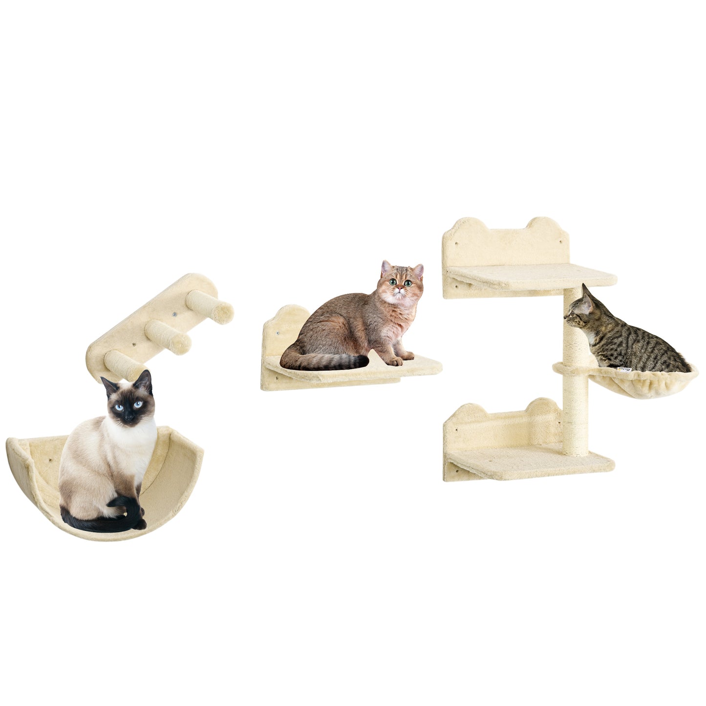 Cat Wall Shelves 4 Pcs Cat Wall Furniture Cat Climbing Shelf with Cat Hammock 3 Steps Perches Scratching Post for Sleeping Playing Beige