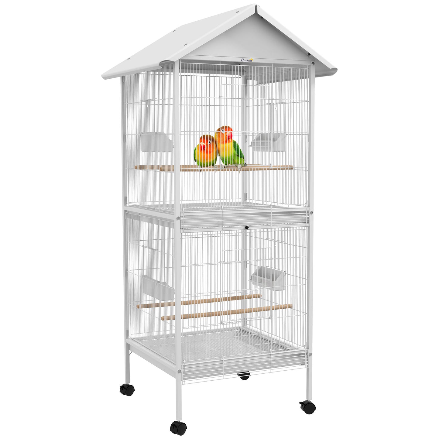 Wrought Metal Bird Cage Feeder with Rolling Stand Perches Food Containers Doors Wheels 67inches H, White