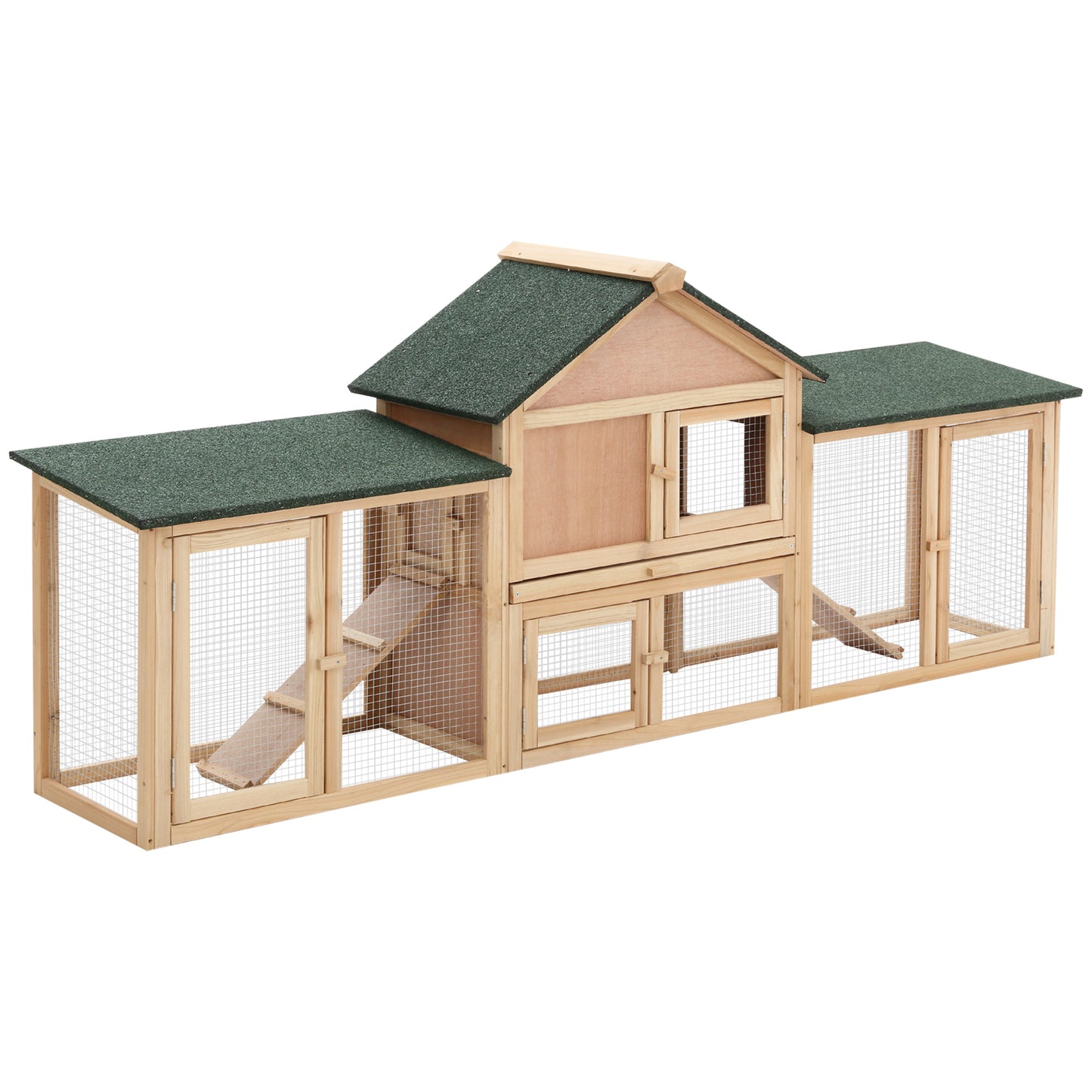 83inchesL Outdoor Rabbit Hutch, Guinea Pig Cage Indoor Outdoor Wooden Bunny Hutch with Double Runs, Weatherproof Roof, Removable Tray, Ramps, Natural