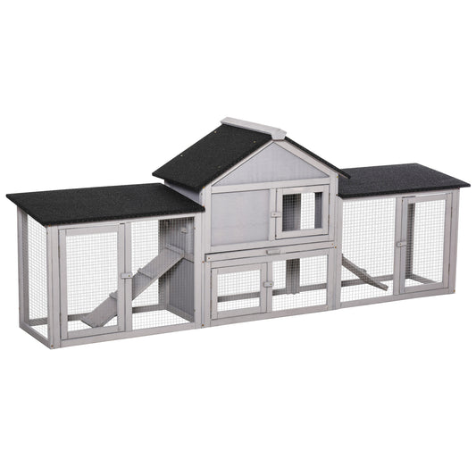 83inchesL Outdoor Rabbit Hutch Guinea Pig Cage Indoor Outdoor Wooden Bunny Hutch with Double Runs Weatherproof Roof Removable Tray Ramps Gray