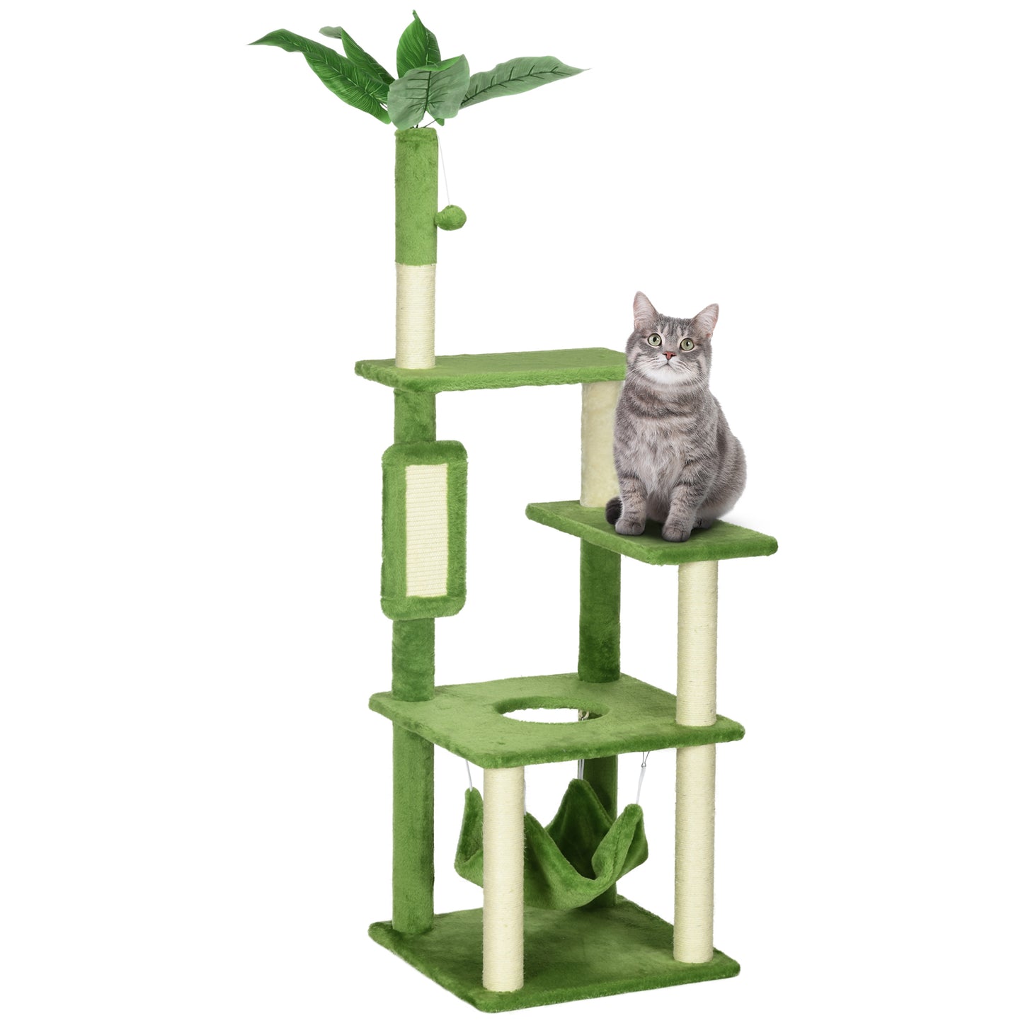 56inches Cat Tree for Indoor Cats with Hammock, Cat Tower with Scratching Post, Platforms, Play Ball and Anti-tipping Device, for Indoor Cats, Green