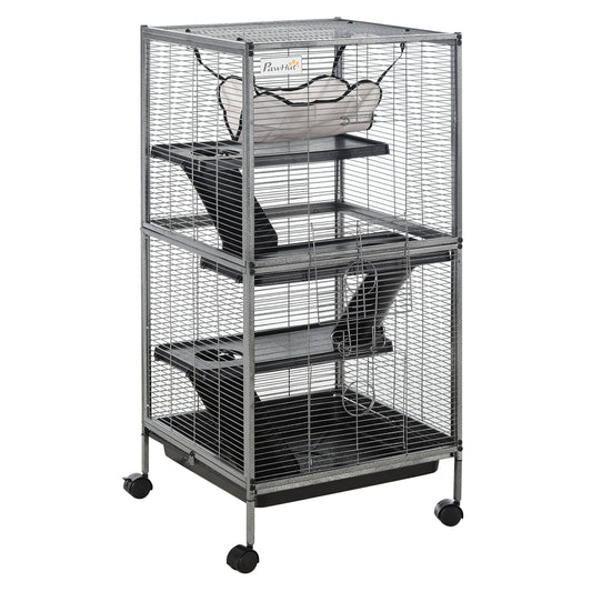 Metal Small Animal Cage Rolling Big Ferret Cage, Chinchilla Cage, Sugar Glider Cage, with Hammock & 4 Tiers, Removable Tray, Gray