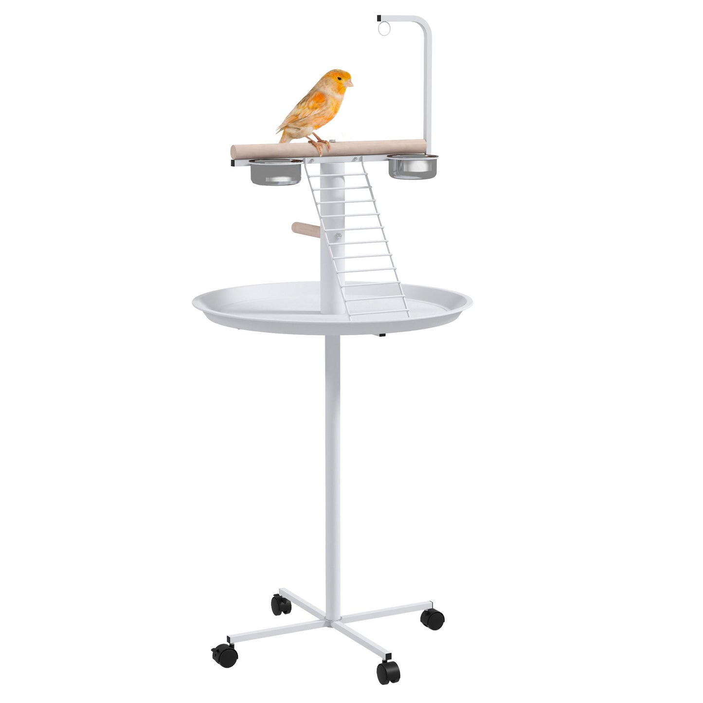 Bird Stand Parrot Stand with Wheels Perches Stainless Steel Feed Bowls Round Tray Bird Play Stand for Indoor Outdoor White