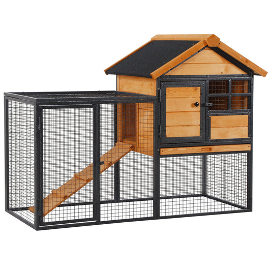 2-Level Rabbit Hutch Bunny House with Weatherproof Asphalt Roof, Removable Tray and Ramp for Outdoor