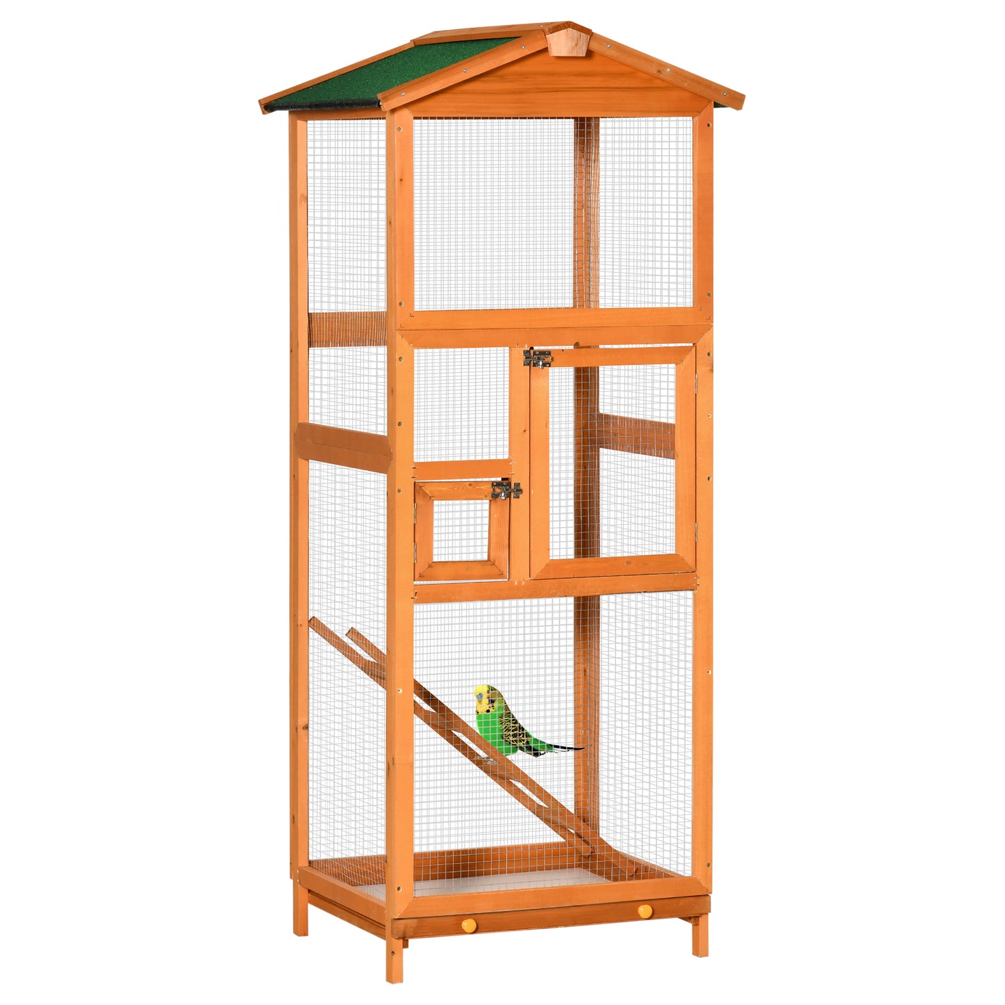 65inches Wooden Bird Cage Outdoor Aviary House for Parrot, Parakeet, with Pull Out Tray and 2 Doors, Orange