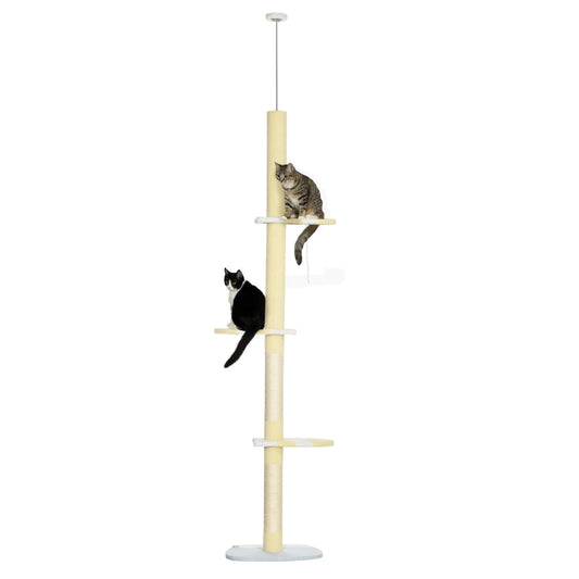 4-Tier Tall Cat Tower, Floor to Ceiling Cat Tree, Height Adjustable 87 - 103 Inch with Plush Platforms, Sisal Scratching Posts, Toy Ball for Indoor Cats, Yellow