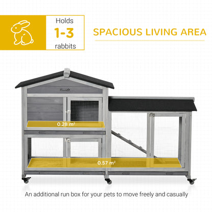 62inches Wooden Rabbit Hutch, Bunny Cage, Pet Playpen House with Wheels, Run Box, No Leak Tray, and Ramp for Small Animals, Indoor/Outdoor Use, Light Gray