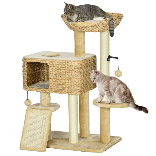 38inches Cat Tree for Indoor Cats Cat Tower with Scratching Posts Ramp Condo Toy Balls Platform Bed Ramp Beige