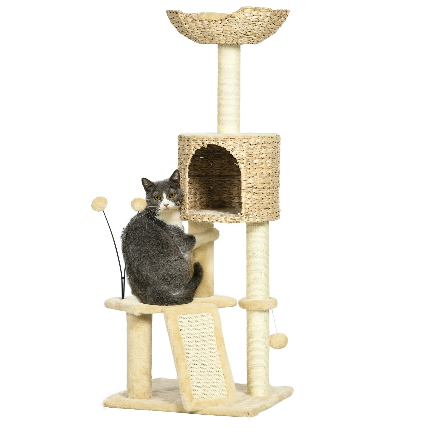 45inches Cat Tree for Indoor Cats Cat Tree Tower with Scratching Posts Ramp Condo Toy Balls Platforms Bed Ramp Beige