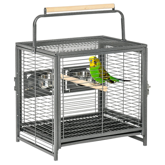 19inches Travel Bird Cage Parrot Carrier with Handle Wooden Perch for Cockatiels, Conures, Black