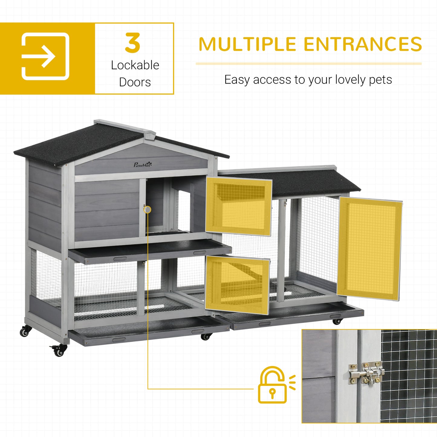 62inches Wooden Rabbit Hutch, Bunny Cage, Pet Playpen House with Wheels, Run Box, No Leak Tray, and Ramp for Small Animals, Indoor/Outdoor Use, Light Gray