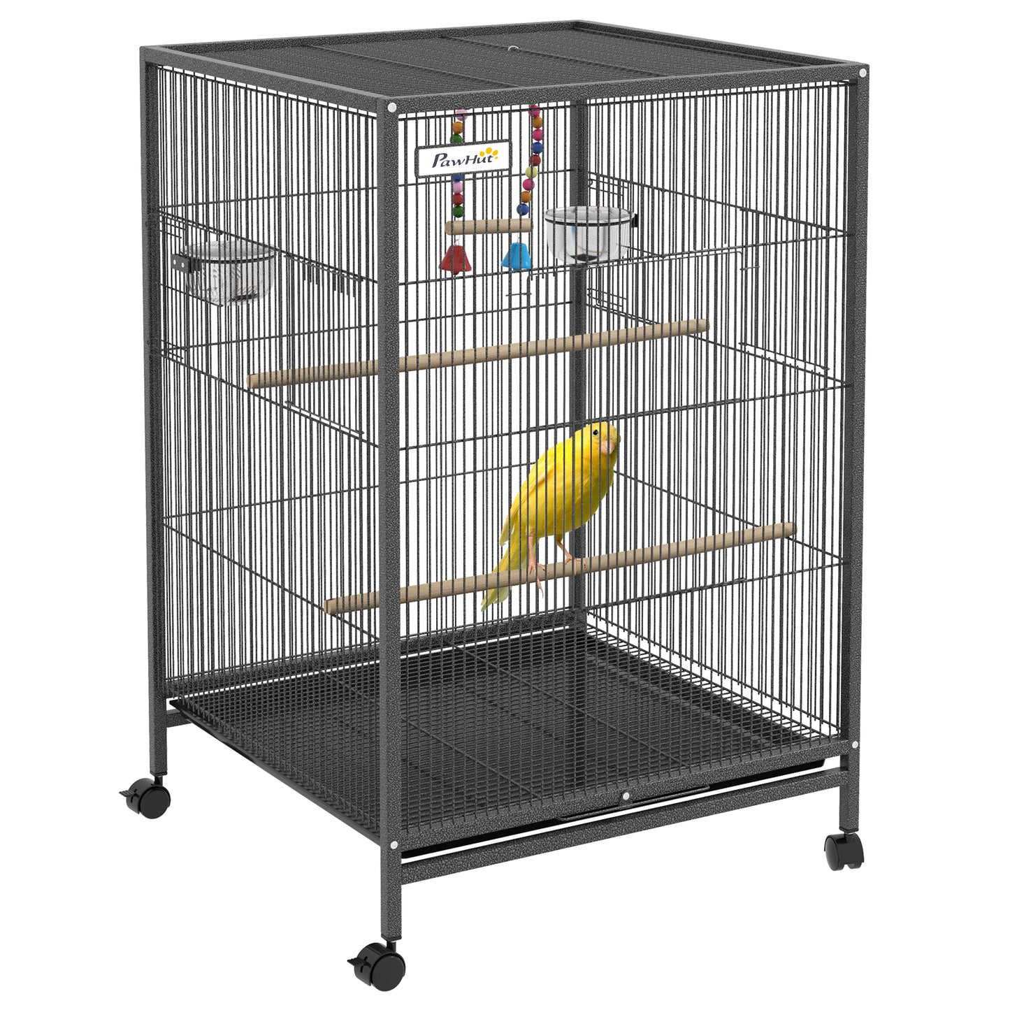 Metal Bird Cage with Stand for Parrots, Lovebirds, Finches, Large Bird Cage with Swing, Stainless Steel Bowls, Removable Tray for Small Birds, Gray