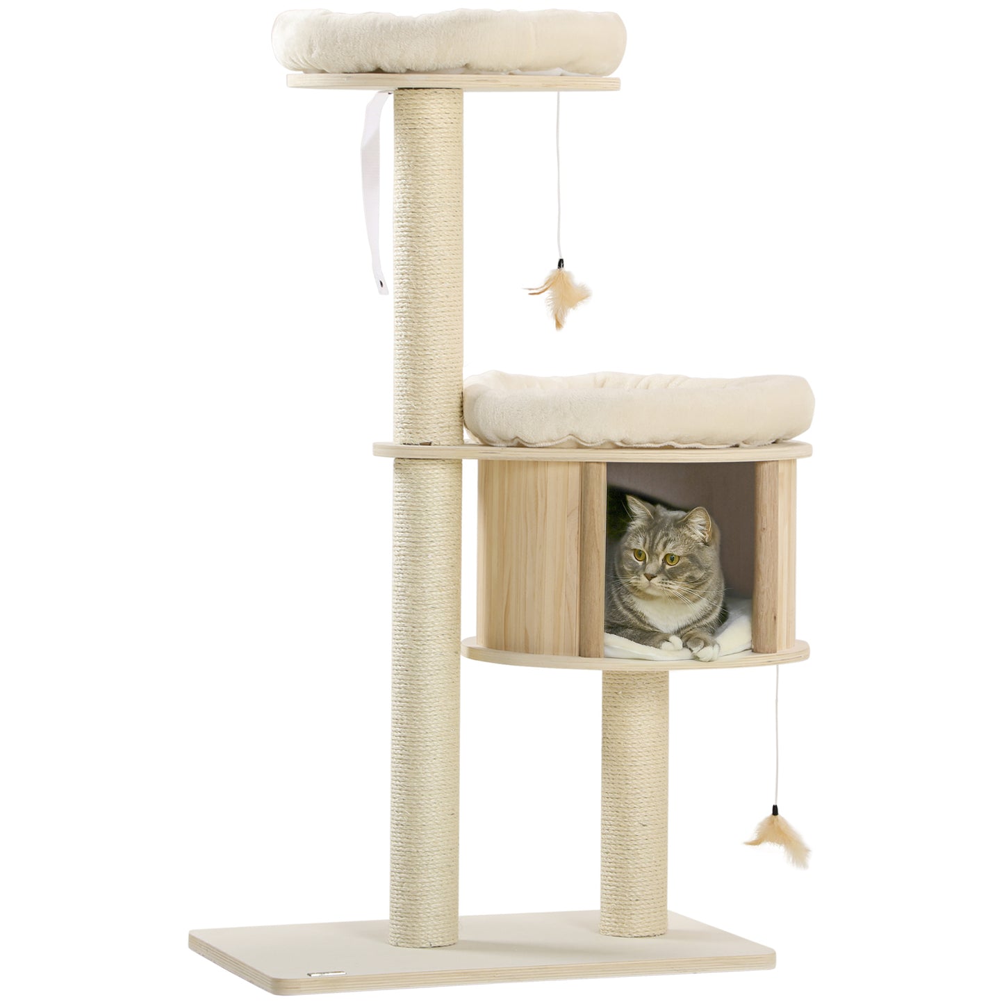 3-Level Cat Tree with Sisal Scratching Posts Fun Cat Badminton Toy for Playing Soft Cushions & Play Areas