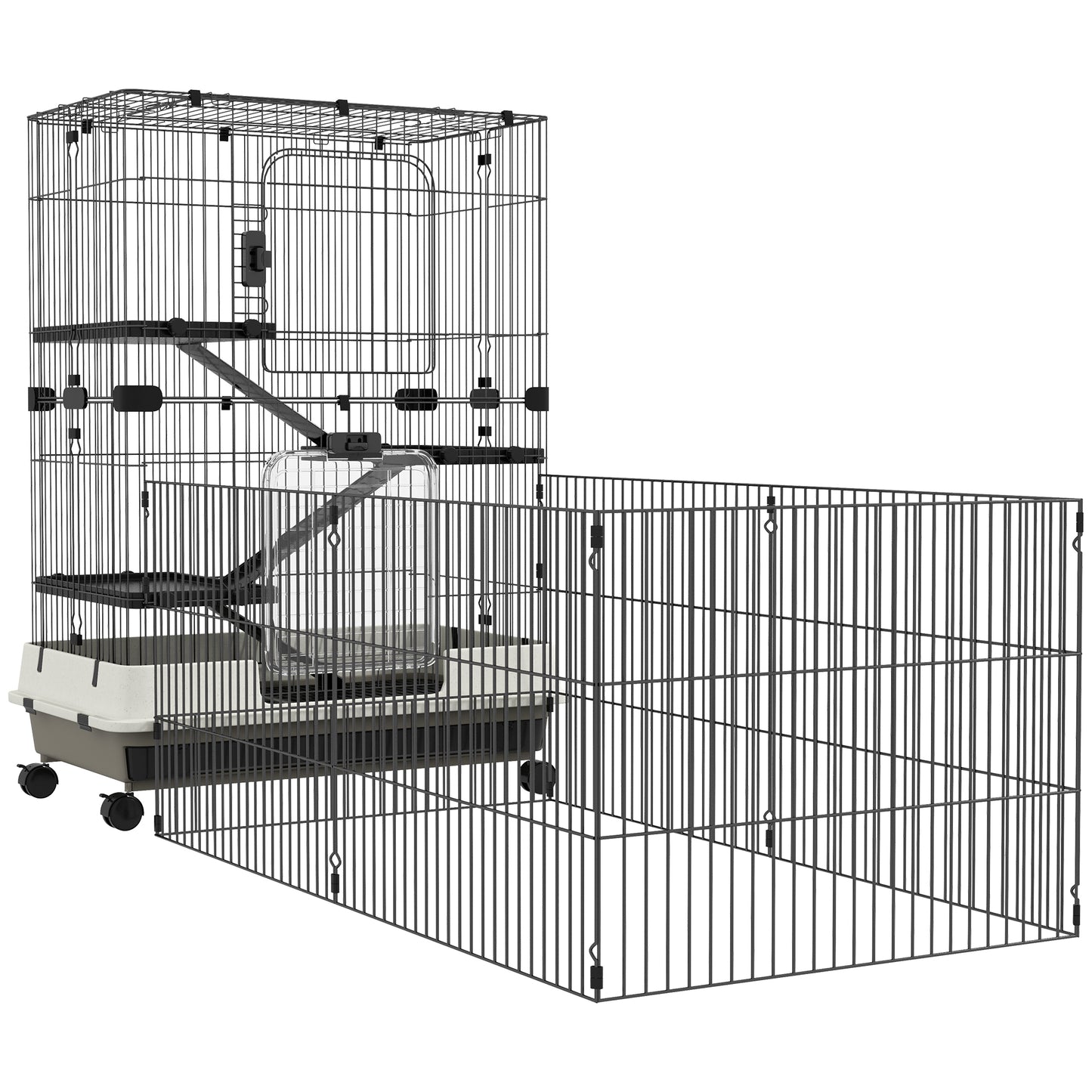 45inches Small Animal Cage with Wheels, 4-Level Portable Bunny Cage, Chinchilla Ferret Cage with Removable Tray, Platforms and Ramps, Black