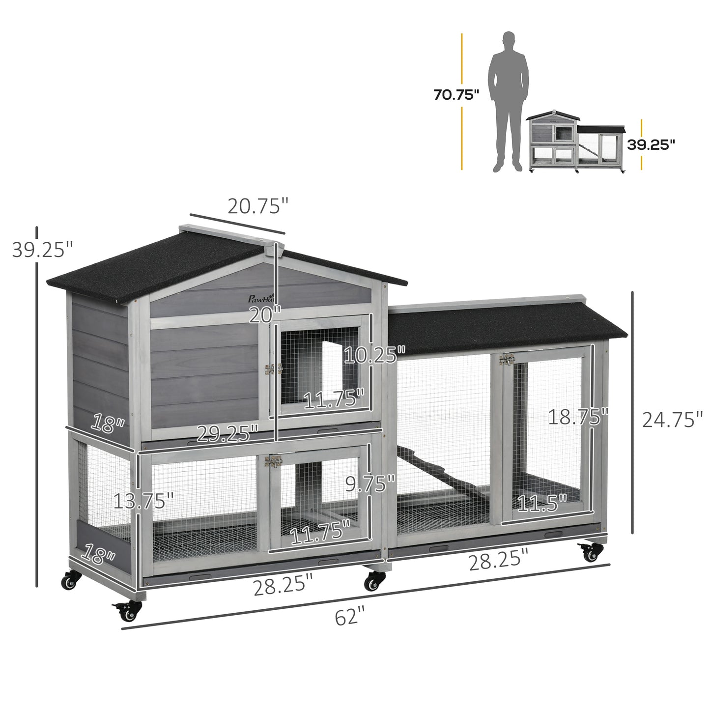 62inches Wooden Rabbit Hutch, Bunny Cage, Pet Playpen House with Wheels, Run Box, No Leak Tray, and Ramp for Small Animals, Indoor/Outdoor Use, Light Gray