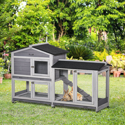 62inches Wooden Rabbit Hutch, Bunny Cage, Pet Playpen House with Wheels, Run Box, No Leak Tray, and Ramp for Small Animals, Indoor/Outdoor Use, Light Gray