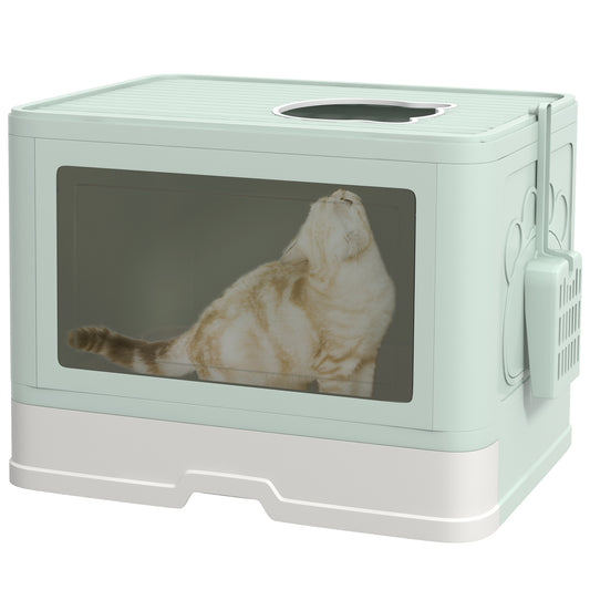 Cat Litter Box Front Entry Top Exit Cat Litter Tray Odor Control Enclosed Cat Pan with Scoop Pull-out Tray Easy to Clean Brush Green