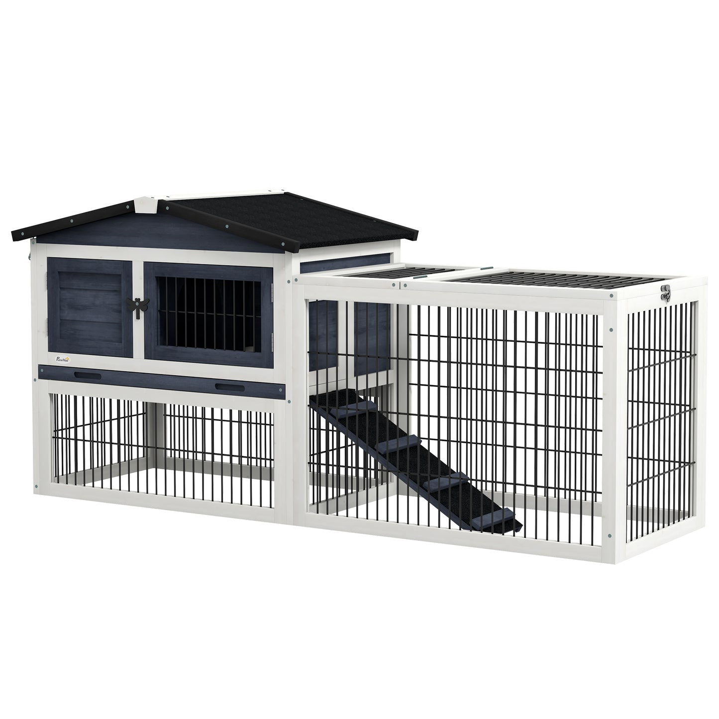 2 Levels Outdoor Rabbit Hutch with Openable Top 59inches Wooden Large Rabbit Cage with Run Weatherproof Roof Removable Tray Ramp Dark Gray