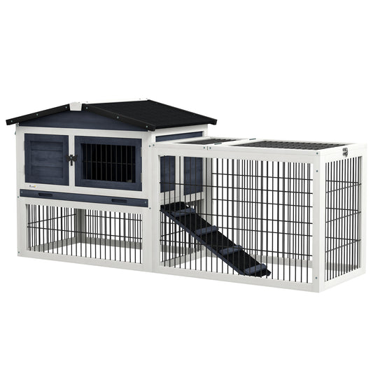 2 Levels Outdoor Rabbit Hutch with Openable Top 59inches Wooden Large Rabbit Cage with Run Weatherproof Roof Removable Tray Ramp Dark Gray