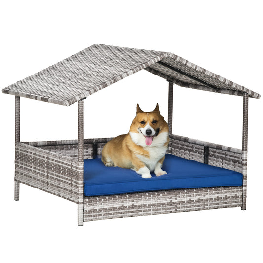 Wicker Dog House Outdoor with Canopy, Rattan Dog Bed with Water-resistant Cushion, for Small and Medium Dogs, Dark Blue