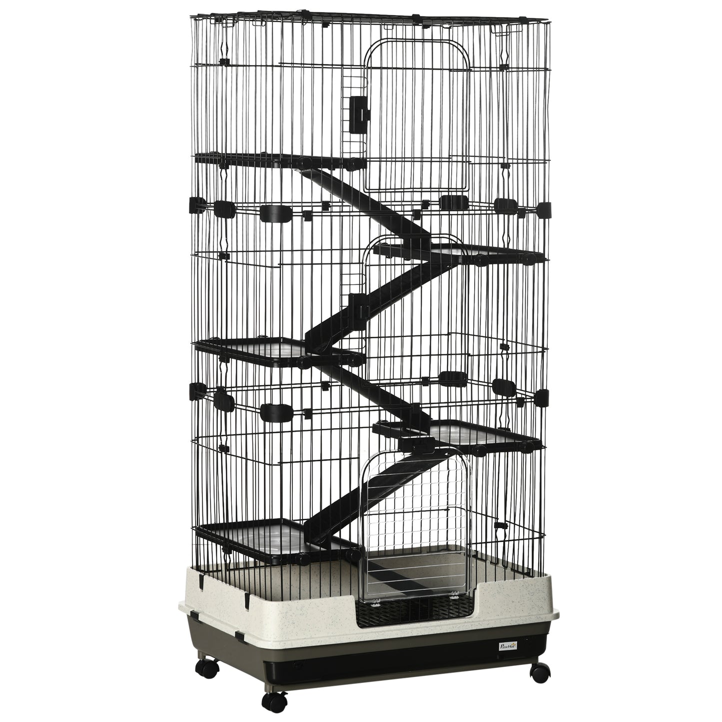 60inches Small Animal Cage with Wheels 6-Level Portable Bunny Cage Chinchilla Ferret Cage with Removable Tray Platforms and Ramps Black