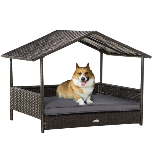 Wicker Dog House Outdoor with Canopy Rattan Dog Bed with Water-resistant Cushion for Small and Medium Dogs Gray