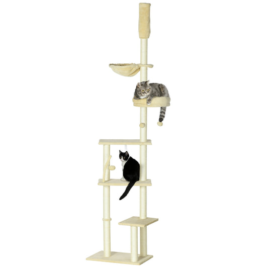 Floor to Ceiling Cat Tree, 90.5inches - 98.5inches Adjustable Height, Cat Climbing Tower with Carpeted Platforms, Cozy Bed, Hammock, Scratching Posts, Toy Balls, Activity Center for Kittens, Beige