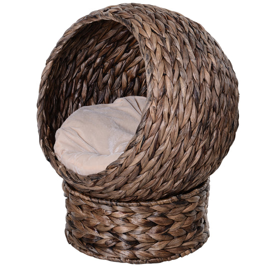 Handwoven Elevated Cat Bed with Soft Cushion & Cat Egg Chair Shape Cat Basket Bed Kitty House with Stand Raised Wicker Cat Bed for Indoor Cats 23.5inches H Grey