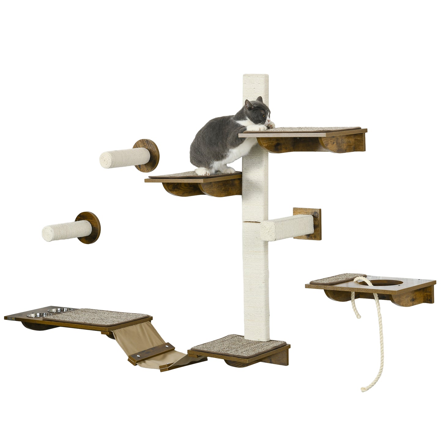 Cat Wall Shelves Cat Wall Furniture with Perches Scratching Posts Ladder Feeder Bowls 8 Piece Wall Mounted Cat Shelves for Climbing Sleeping Playing Brown