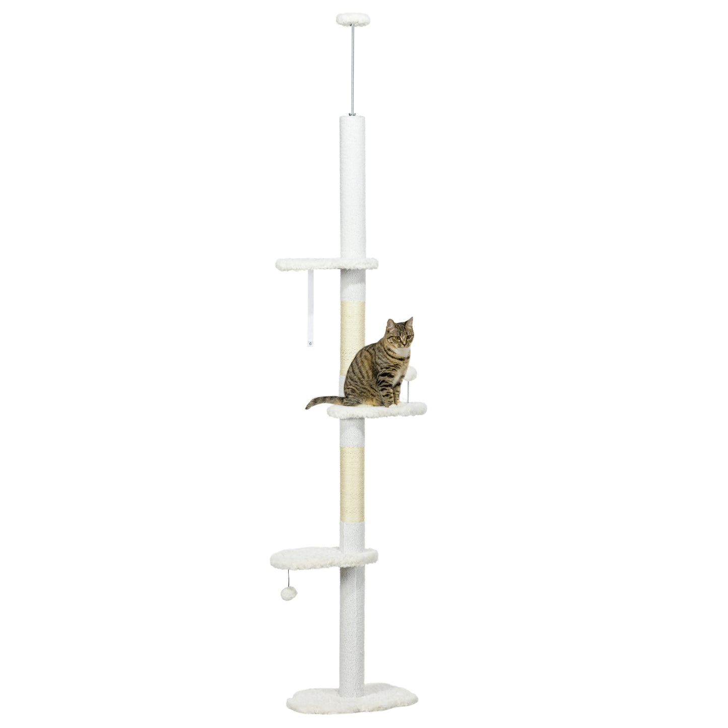 Floor to Ceiling Cat Tree with Scratching Posts 88.5inches-100.5inches Adjustable Height Cat Climbing Tower with Cloud Shape Platforms Toy Balls Anti-toppling Device White