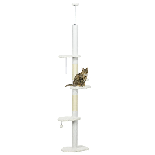 Floor to Ceiling Cat Tree with Scratching Posts 88.5inches-100.5inches Adjustable Height Cat Climbing Tower with Cloud Shape Platforms Toy Balls Anti-toppling Device White