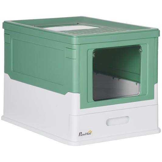 Fully Enclosed Cat Litter Box with Scoop, Hooded Cat Litter House with Drawer Type Tray, Foldable Smell Proof Cat Potty with Front Entry, Top Exit, Portable Pet Toilet with Large Space, Green