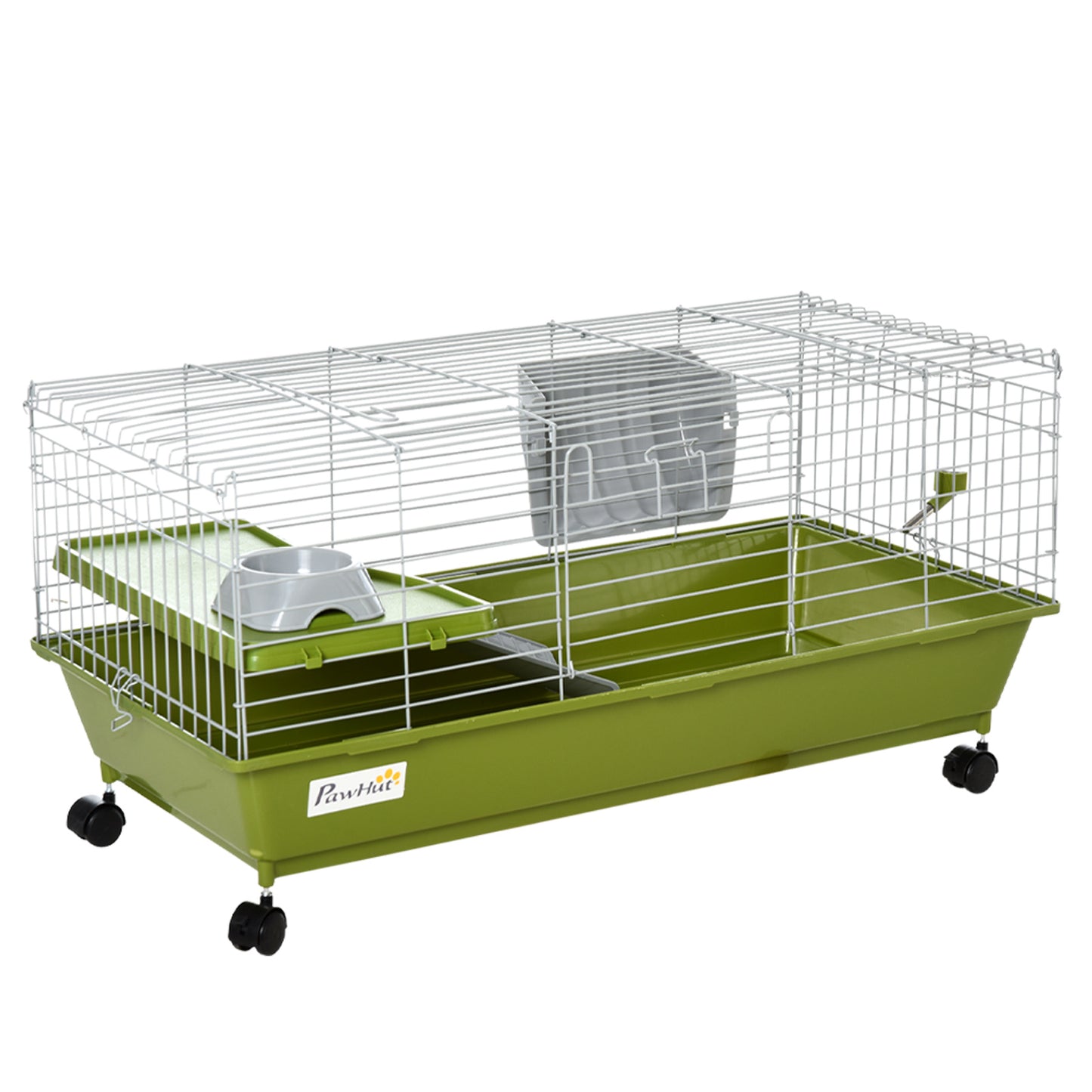 35inchesL Small Animal Cage, Rolling Bunny Cage, Guinea Pig Cage with Food Dish, Water Bottle, Hay Feeder, Platform, Ramp for Ferret Chinchilla, Green