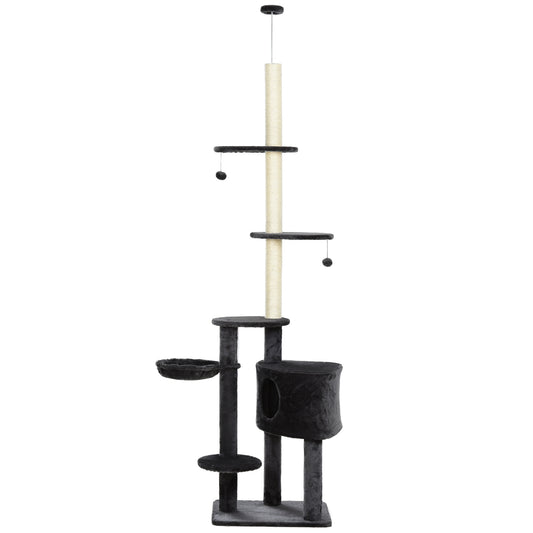 Adjustable Height Floor-To-Ceiling Vertical Cat Tree with Carpet Platforms Condo & Rope Scratching Areas Dark Grey