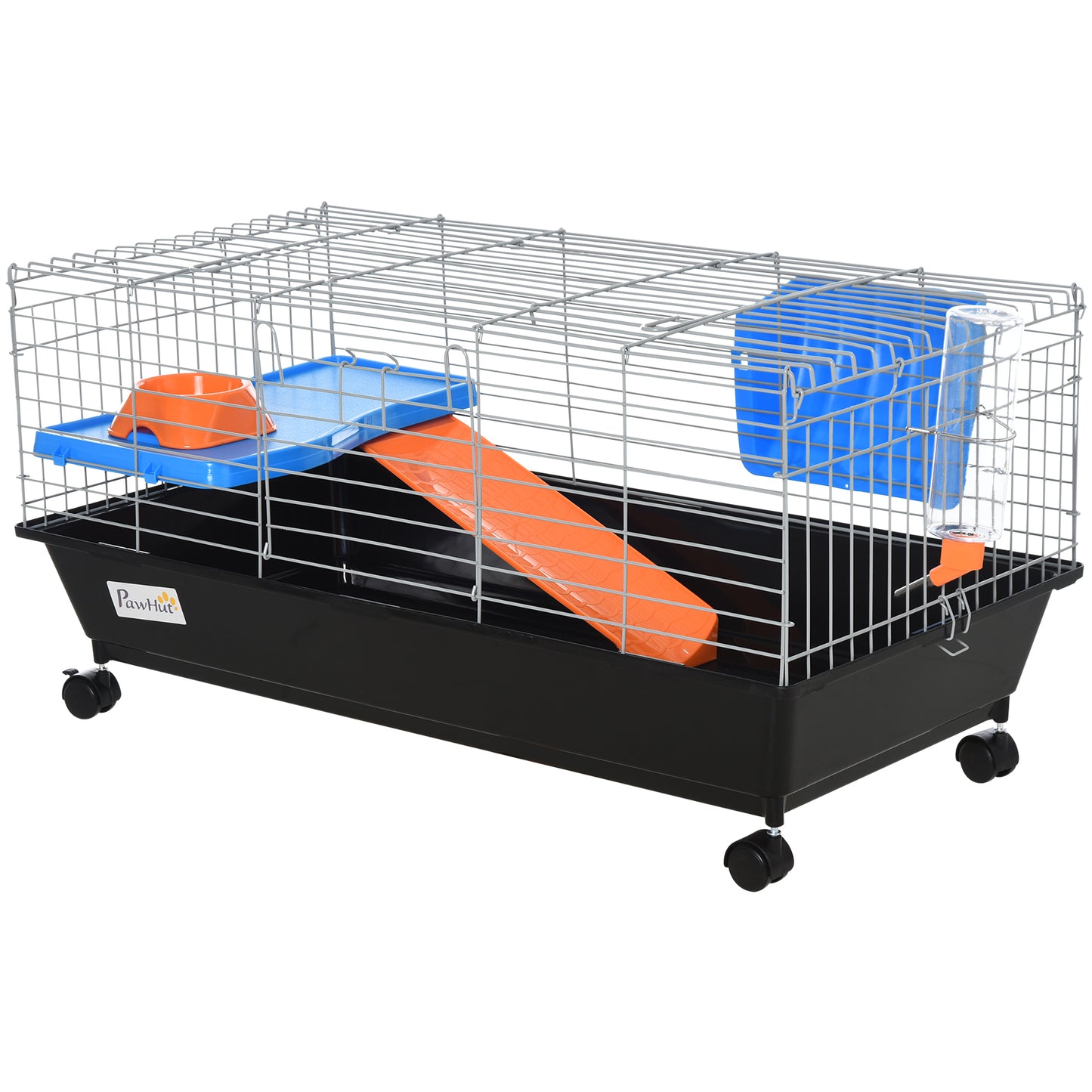 35inchesL Small Animal Cage, Rolling Bunny Cage, Guinea Pig Cage with Food Dish, Water Bottle, Hay Feeder, Platform, Ramp for Ferret Chinchilla, Black